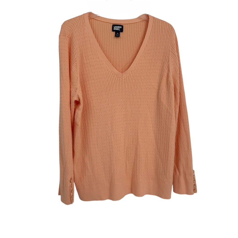 Lands End Cable Knit Sweater Womens Size 3X Long Sleeve V Neck cotton peach - Picture 2 of 9